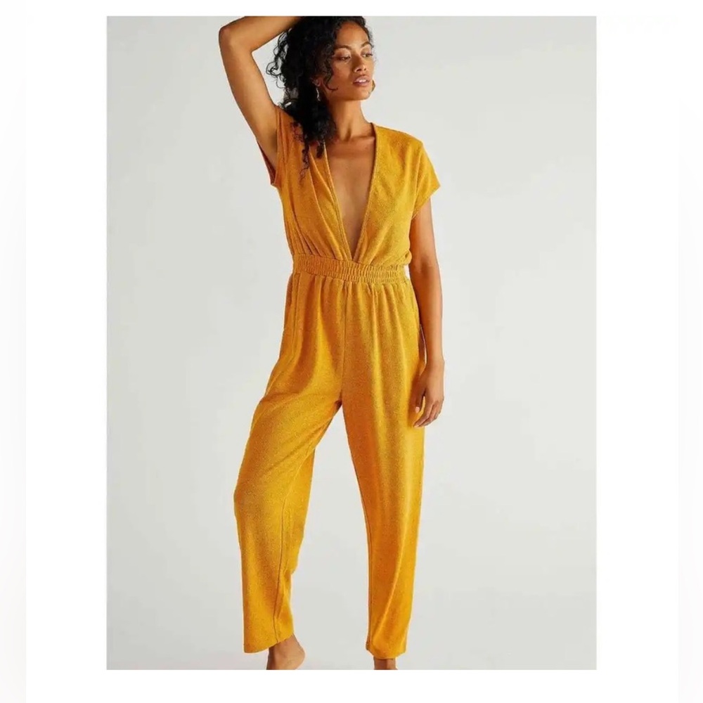 Free People Beach Rita Terry Knit Jumpsuit Size XS Marigold Stretch Textured